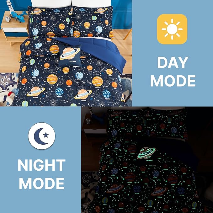 Full Size Comforter Set for Boys-4 Pieces Space Glow in The Dark Full Bedding Sets for Kids, 1 Comforter, 2 Shams and 1 Decor Pillow