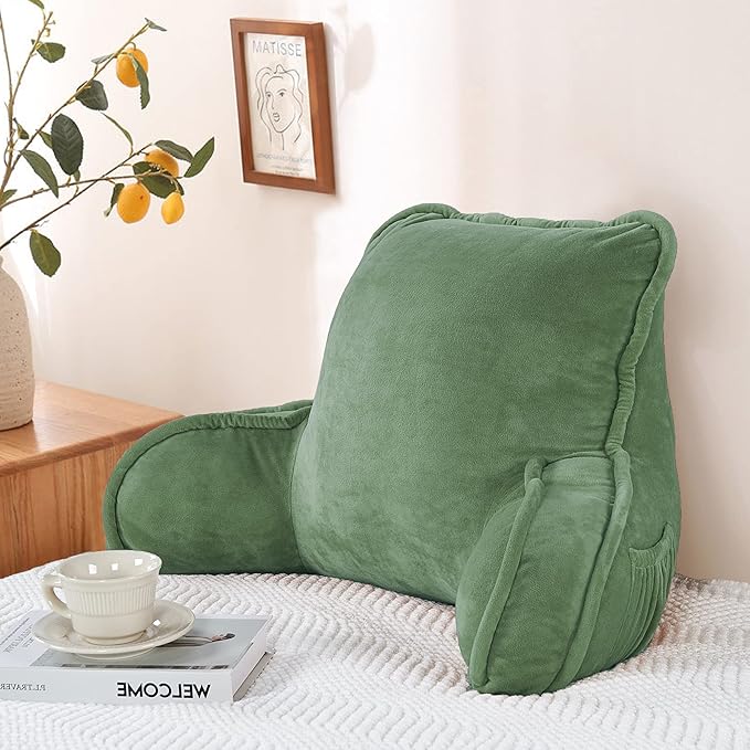Super Soft Velvety Backrest Reading Bed Rest Pillow with Arms and Pockets 18" H for Sitting in Bed Couch Sofa, Back Support Wedge Cushion with Removable Cover, 20" x 18" x17", Sage Green