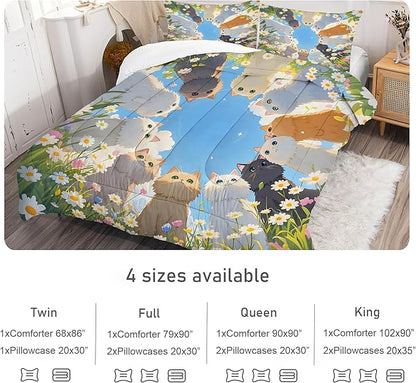 Floral Cat Bedding Set: King Size Cute Cats Comforter Set Daisy Kitten Blue Sky Quilt Kawaii Feline Flowers Animal Bed Set for Women Adults Teens Girls Room Decor 3 Piece