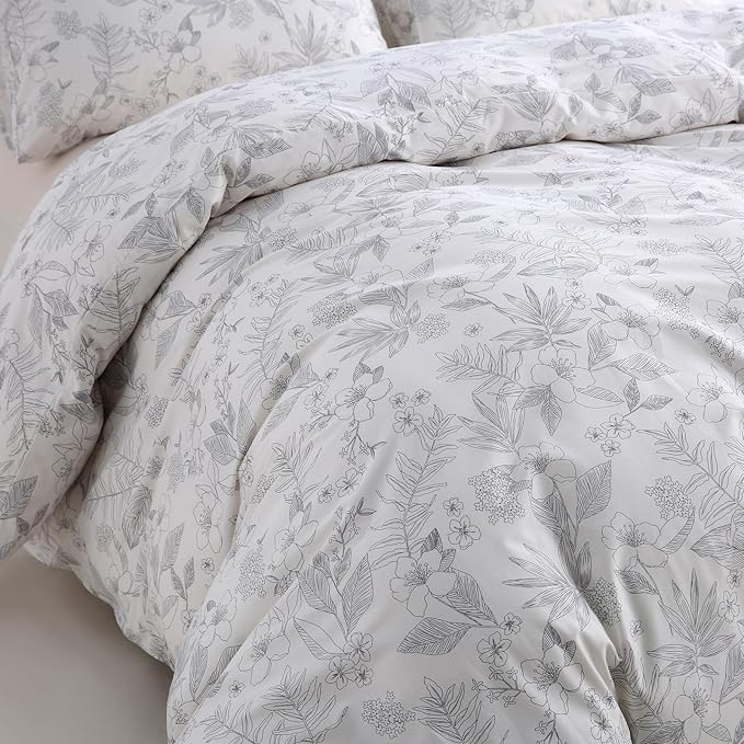 100% Cotton Floral Duvet Cover Set Queen Size Ultra Soft Breathable Grey Floral and Leaf Comforter Cover Set 3 Pcs All Season Cozy Floral Bed Cover with Zipper Closure