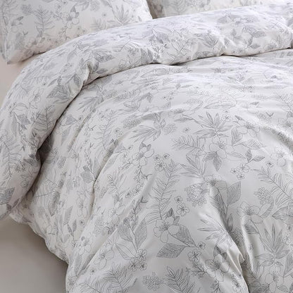 100% Cotton Floral Duvet Cover Set Queen Size Ultra Soft Breathable Grey Floral and Leaf Comforter Cover Set 3 Pcs All Season Cozy Floral Bed Cover with Zipper Closure