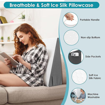 Sleeping Bed Wedge Pillow for Adults Seniors, 10 inch Cooling Memory Foam Incline Pillow Wedge for Head, Neck & Back Support and Leg Elevation, Removable Washable Cover, White
