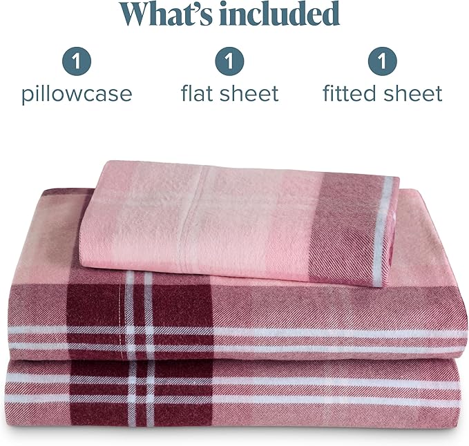 Bare Home Flannel Sheet Set Prints, 100% Cotton, Velvety Soft Heavyweight - Double Brushed for Softness & Comfort - Deep Pocket - Bed Sheets (Twin, Symphony Plaid - Pink)