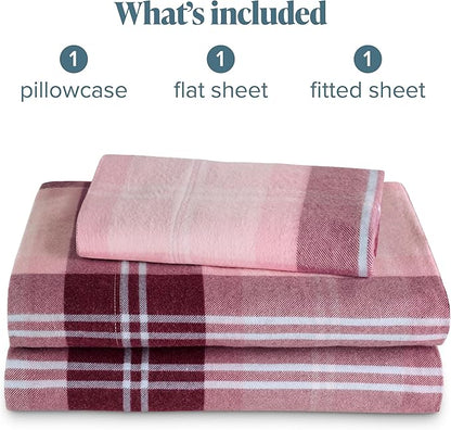 Bare Home Flannel Sheet Set Prints, 100% Cotton, Velvety Soft Heavyweight - Double Brushed for Softness & Comfort - Deep Pocket - Bed Sheets (Twin, Symphony Plaid - Pink)