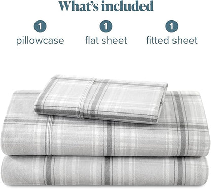 Bare Home Flannel Sheet Set Prints, 100% Cotton, Velvety Soft Heavyweight - Double Brushed Flannel for Extra Softness & Comfort - Deep Pocket - Bed Sheets (Twin, Tartan Plaid)