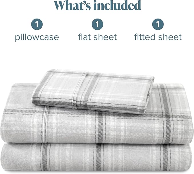 Bare Home Flannel Sheet Set Prints, 100% Cotton, Velvety Soft Heavyweight - Double Brushed Flannel for Extra Softness & Comfort - Deep Pocket - Bed Sheets (Twin XL, Tartan Plaid)