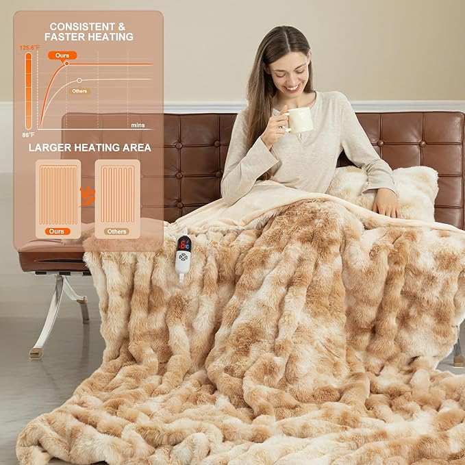 Faux Fur Heated Blanket Full Size 72"X84" - Bubble Faux Fur Electric Blanket Fluffy Soft Fuzzy with 6 Fast Heating Levels & 10 hrs Timer Settings, Washable & ETL Certified for Bed, Tie-Dye Beige
