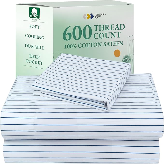 California Design Den Printed Striped Twin XL Sheets Set - 600 Thread Count, 100% Cotton Sateen, Premium Deep Pocket Extra Long Twin Sheets - Classic Blue Stripe Print