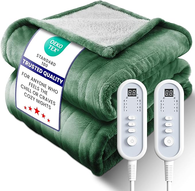 Electric Heated Blanket King, Ultra‑Cozy Premium Flannel & Sherpa, Even Heat Distribution & Stable Temp, 1–10H Auto‑Off, 8 Temps (86–125.6°F), Overheat Protection, Ideal Gifts for Grandma