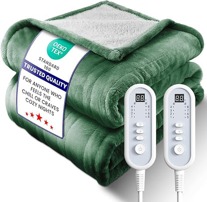 Electric Heated Blanket King, Ultra‑Cozy Premium Flannel & Sherpa, Even Heat Distribution & Stable Temp, 1–10H Auto‑Off, 8 Temps (86–125.6°F), Overheat Protection, Ideal Gifts for Grandma