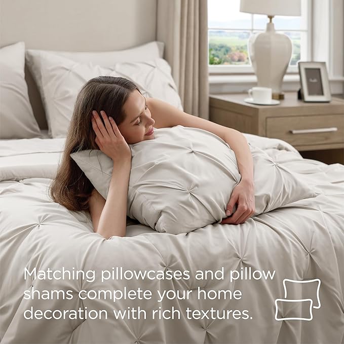 Bedsure King Comforter Set Linen - Bed in a Bag Bedding Set 7 Pieces, GentleSoft™ Pintuck Bed Set Gift for Family, Pinch Pleat All Season Comforter with Sheets, Pillowcases & Shams