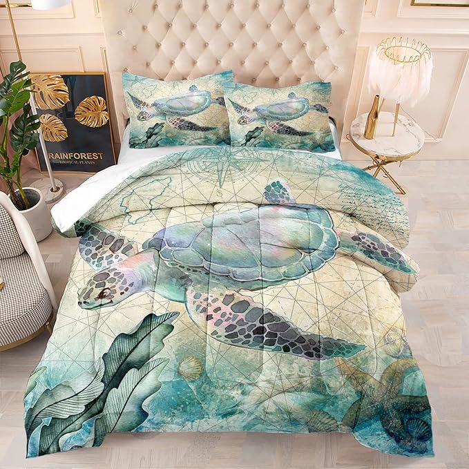 CVHOUSE Sea Turtle Comforter Set, Ocean Bedding for Kids Teens, Duvet Quilt Room Decor Queen Size