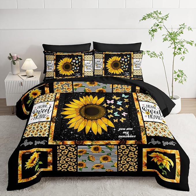 Sunflower Comforter Set 7 Piece Twin Size Bed in A Bag,Flowers Bedding for Room Decor,Soft Sunflower Bedding with Fitted Sheet,Flat Sheet, Pillowcases & Shams