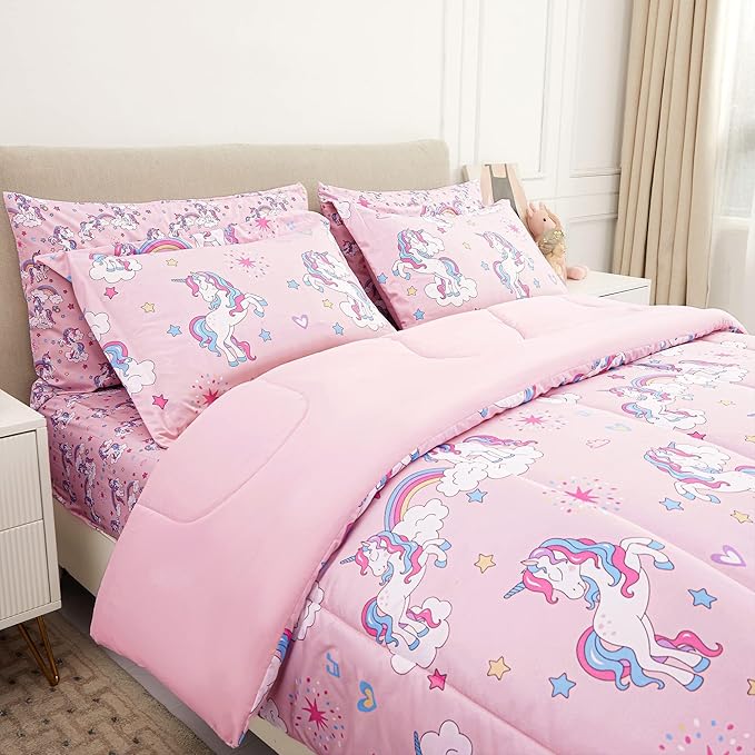 Mooreeke Kids Full Comforter Sets for Girls 8 Pieces Pink Unicorn Bedding Set for Teens Soft Microfiber Kids Bed in A Bag with Comforter, Sheet Set, Shams and Decorative Toy Pillow All Season
