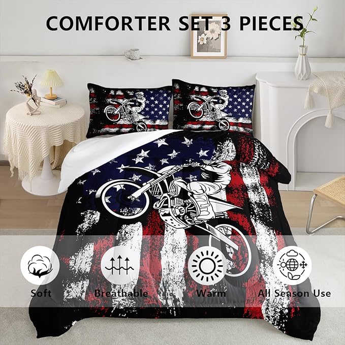 Axolotl Dirt Bike Comforter Set Twin, American Flag Bedding Set, Motocross Comforter,White Red Stripes Stars Bedding, Motorcycle Racer Quilt for Boys Kids Teens Men, 1 Dirt Bike Quilt 2 Pillowcases
