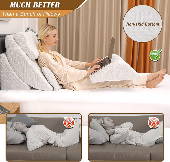 Betterhood 5pcs Orthopedic Bed Wedge Pillow Set, Adjustable Memory Foam, Post Surgery Foam for Back Neck & Leg Pain Relief Support, Acid Reflux, Snoring Reading, Sleeping, Sitting up, Grey