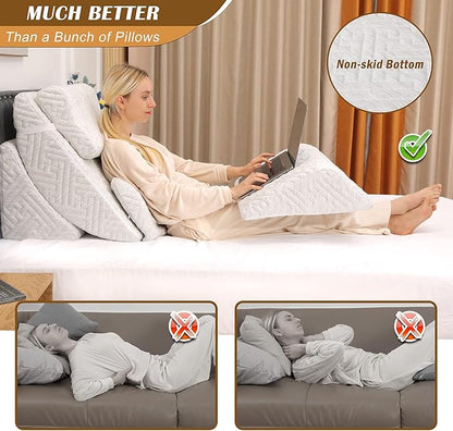 Betterhood 5pcs Orthopedic Bed Wedge Pillow Set, Adjustable Memory Foam, Post Surgery Foam for Back Neck & Leg Pain Relief Support, Acid Reflux, Snoring Reading, Sleeping, Sitting up, Grey