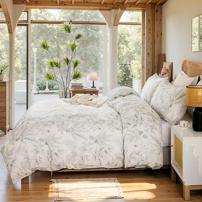 Duvet Cover Set Queen Size 100% Nature Cotton Reversible Botanical Queen Duvet Cover Set 3 Pieces Soft & Breathable Bedding Set with Zipper Closure & Corner Ties