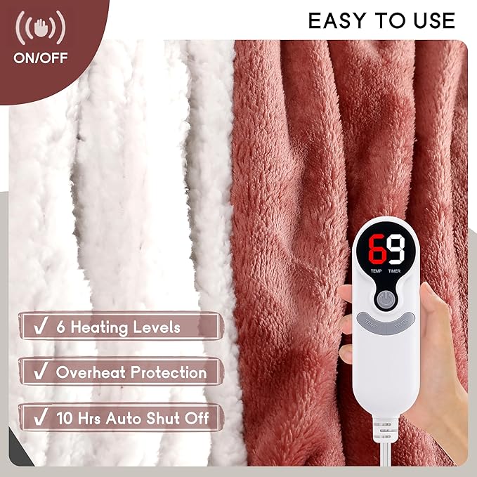 Heated Blanket Electric Blanket Full Size 72''x84'', Soft Flannel Heating Blanket with 1-10 Hour Auto Off - 6 Heat Settings - Machine Washable - Brick Red
