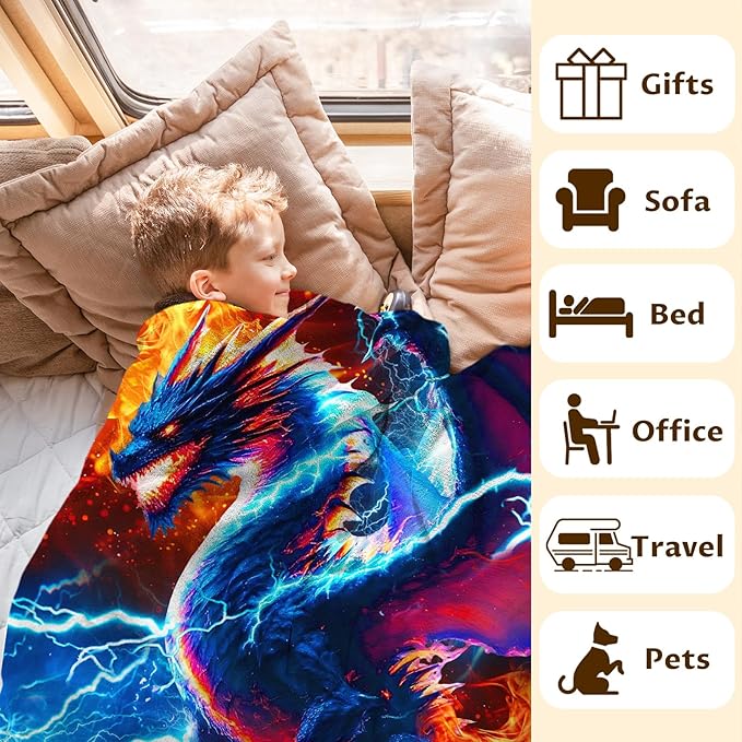 Boys Blanket Dragon Throw Blankets Gift for Kids Teens, 50x60 Inches Comfy Soft All Season Throw for Sofa Couch Bed Home Decor Son Cool Dragon Gift