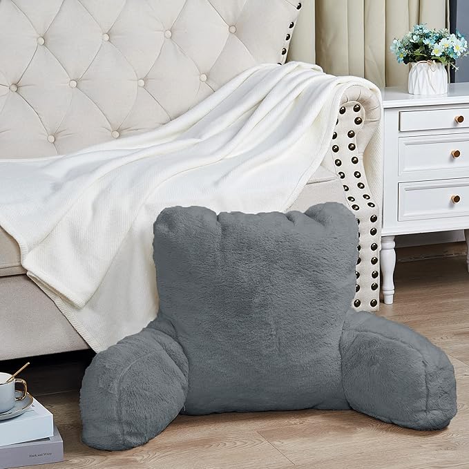 Home Soft Things Fox Faux Fur Bedrest Reading Pillow with Handle and Side Pocket, Backrest Armrest Pillow Back Support for Sitting up in Bed, 20" x 18" x 17", Cloudburst