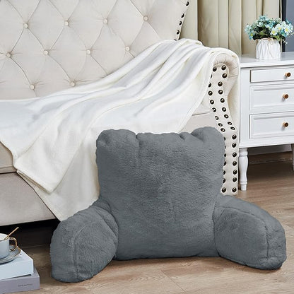 Home Soft Things Fox Faux Fur Bedrest Reading Pillow with Handle and Side Pocket, Backrest Armrest Pillow Back Support for Sitting up in Bed, 20" x 18" x 17", Cloudburst