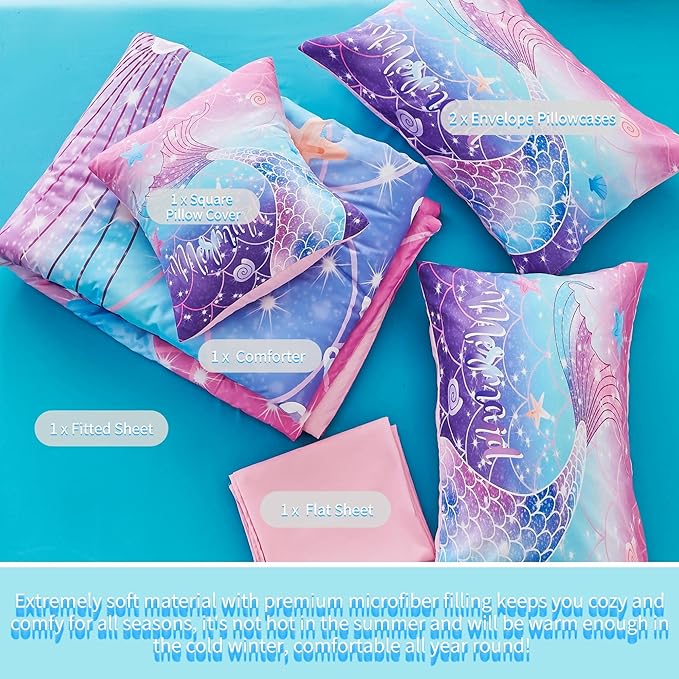 RYNGHIPY Mermaid Comforter Set 6Pcs, Kids Gilrs Bed in a Bag Twin Size, Mermaid Tail Print Teens Girls Bedding Set, Rainbow Bedding Collections