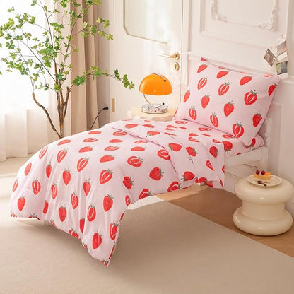 SDIII 4 Piece Strawberry Toddler Bedding Set, Kawaii Fruit Printed Pink Toddler Bedding Girl with Comforter, Fitted Sheet, Flat Sheet, Pillowcase