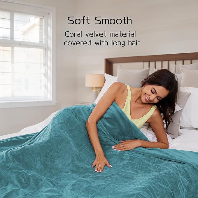 Electric Heated Blanket 90"x100" King Size, Soft Coral Fleece, Dual Controllers with 4 Heating Levels and 10 Hours Auto-Off, Machine Washable, Cozy Plush Fabric for Home, Teal