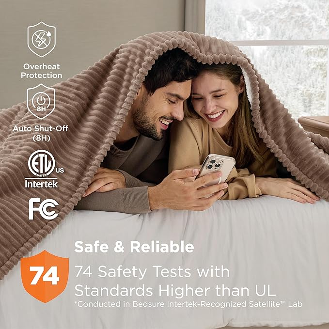 Bedsure GentleSoft Electric Blanket Queen Size - Soft Ribbed Flannel Heated Blanket with Dual Control, Heating with 10 Heat Settings & 10 Time Settings, 8 hrs Timer Auto Shut Off (84x90 inches, Brown)