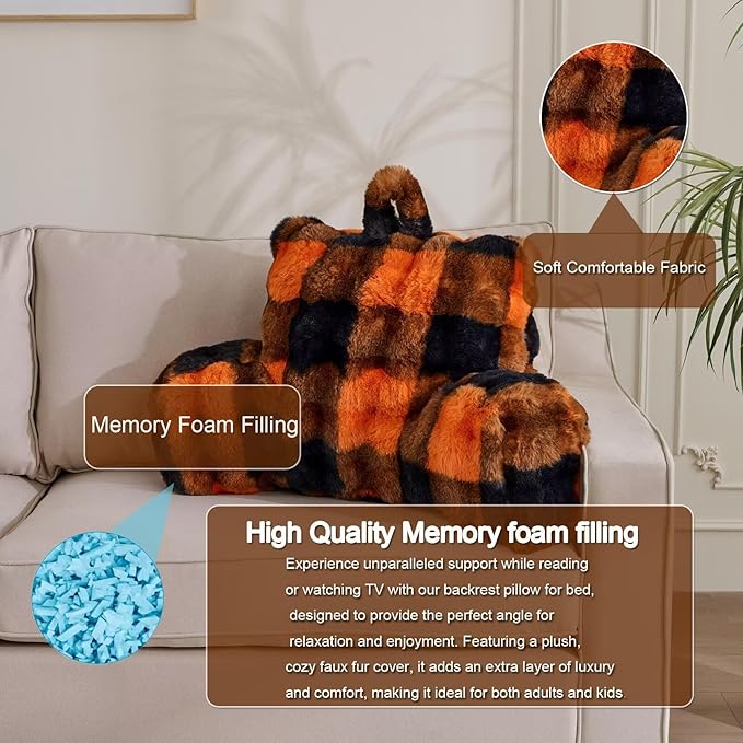 Reading Pillows for Boyfriend Adult,Velvet Back Pillow Bed Wedge Large, Back Rest Support Cushion for Sitting Up in Bed/Couch for Bedrest 18inch-Orange-Black Grid Print