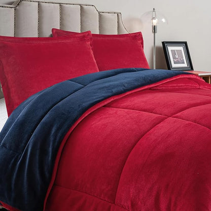 Petrichor Velvet Flannel King Comforter Set- Red and Navy Blanket,Luxury Fuzzy Heavy Bedding Set, 3 Pieces Plush Winter Bed Set with Comforter (90"x104") & 2 Pillow Shams (20"x36")