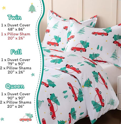 JSD Red Cars Kids Christmas Duvet Cover Set Queen Size, 3 Piece Xmas Comforter Cover with Pillow Sham Zipper Closure, Comforter Not Included