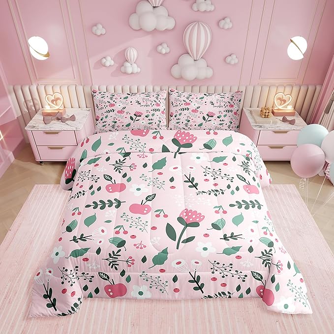 Erosebridal Pink Floral Full Comforter Set - Boho Flower Cute Bedding Set for Girls Kids Teen, Botanical Plant Green Leaves Quilt, Farmhouse Bedroom Decor with 2 Pillowcases, Breathable