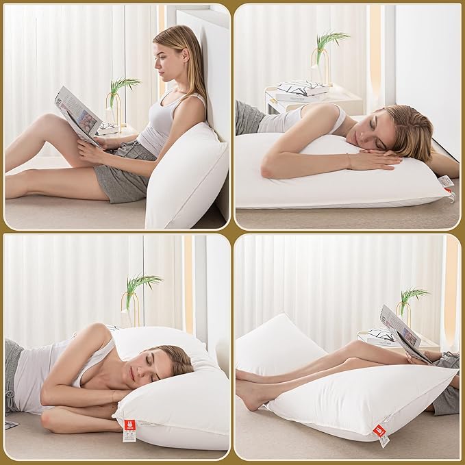 Goose Down Body Pillows for Adults, Large Body Pillow for Side Sleeper, Hugging Feather Body Pillow Insert, Cooling Full Length Long Pillow for Bed with 100% Organic Cotton Shell, White 20"x54"