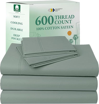 California Design Den Split King Sheet Set - 100% Cotton, 600 Thread Count, Breathable Luxury King Size Sheets for Adjustable Bed, Luxury Hotel-Quality Sheets, Soft Sateen (Sage Green - Cool Tone)