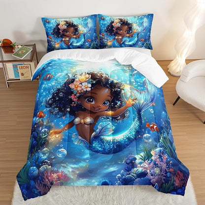 Black Little Mermaid Pattern Queen Comforter Set,Underwater World Ocean Themed Bedding Sets for Kids Toddlers Girls Boys Room Decor,Princess Bedding with 2 Pillowcases.