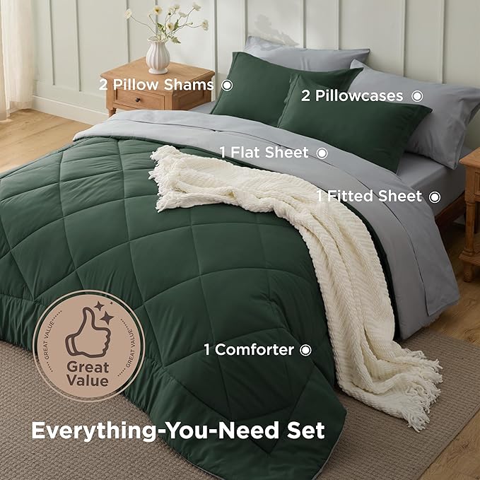 Bedsure California King Comforter Set - 7 Pieces Reversible Forest Green Bedding, Bed Set for All Seasons, Bed in a Bag with Down Alternative Comforter, Sheets, Pillowcases & Shams