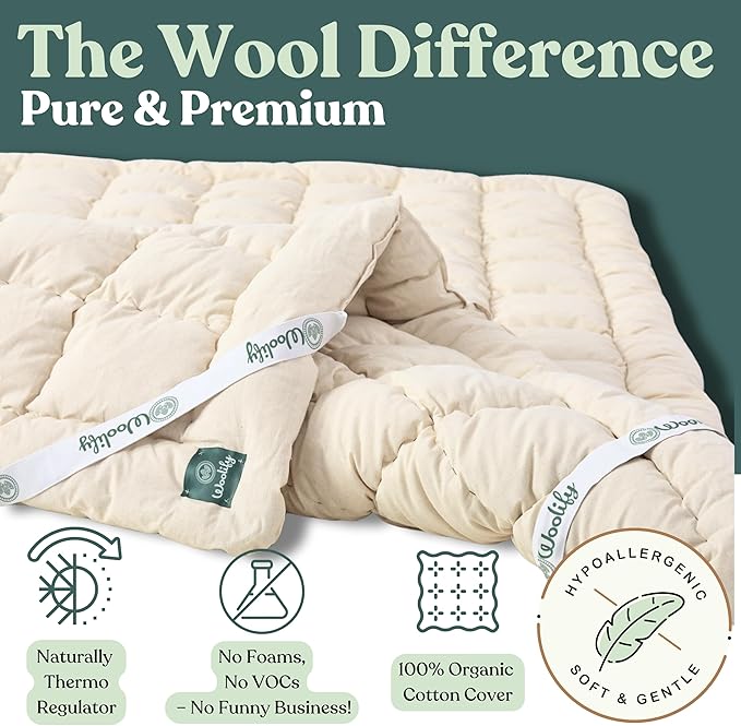 Organic Merino Wool Mattress Topper - Luxury Pillow Top Mattress Pad, Handmade, Non-Toxic, Cooling & Hypoallergenic, Natural Back Pain Relief, Sustainable Bedding (Queen)