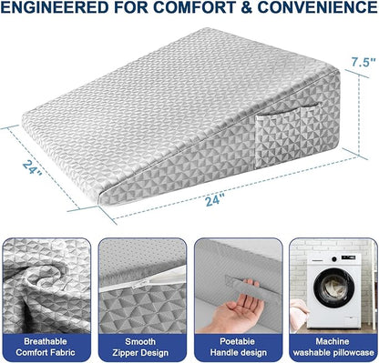 Wedge Pillow 7.5" Bed Wedge After Surgery, Back Pain Relief, Memory Foam Pillow Triangle Incline Wedge for Back Support, Leg Elevation（Light Grey）