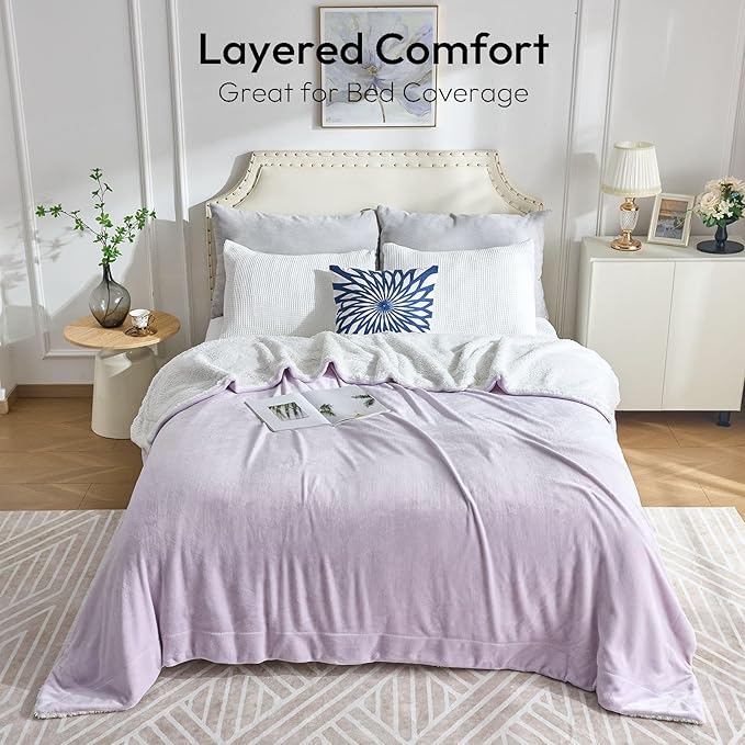 NANPIPER Warm Sherpa Blanket Queen Size for Bed, Soft Fleece for Winter, Fuzzy Plush Throw Gift for Women, Lavender 90x90 Inches