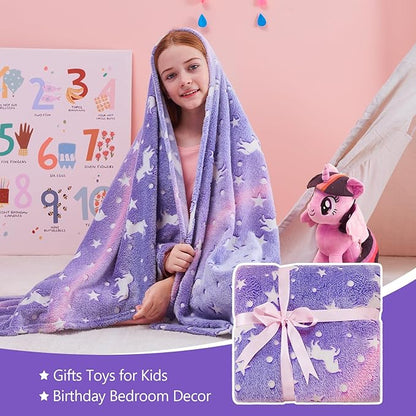 QSTEHEML Unicorns Glow in The Dark Blanket for Girls,Unicorn Gifts for Girls Age 3 4 5 6 7 8 9 10 11 12 Year Old, Soft Unicorns Purple Blanket - Christmas Birthday Bedroom Decor 50"×60"