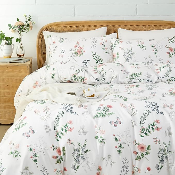 Floral Queen Duvet Cover, 100% Cotton 3 Pieces Floral Bedding Sets with Zipper Closure Vintage Style Garden Comforter Cover, Soft Breathable, Lightweight