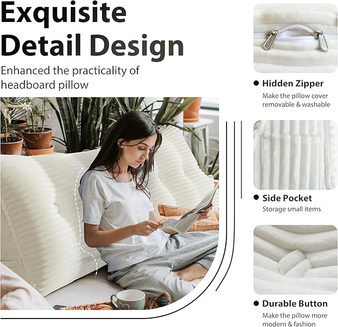 Wedge Headboard Pillow Dorm Room Reading Pillow Back Support for Sitting Up in Bed Bolster Lumbar Cushion Body Positioning Bedrest Corduroy (White, Twin (39 * 8 * 20in))