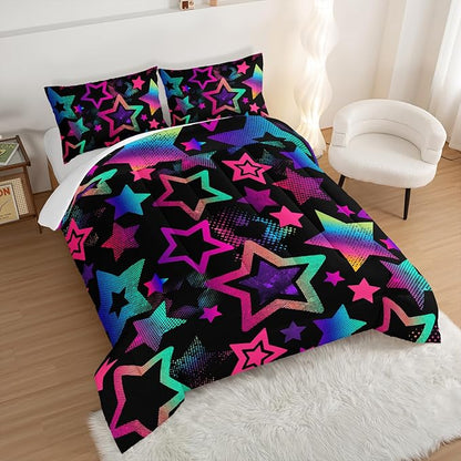Kawaii Color Star Comforter Set Kids Bedroom Set,Neon Light Star Bedding King Size Comforter Sets for Boys Girls Room Decor,Aesthetic Bedding Sets with 2 Pillowcases.