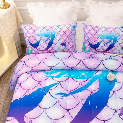 CVHOUSE Mermaid Comforter Set,Rainbow Mermaid Bedding Set for Girls Kids Teens,Rainbow Mermaid Comforter Mermaid Duvet Set Room Decor Quilt Set Twin Size