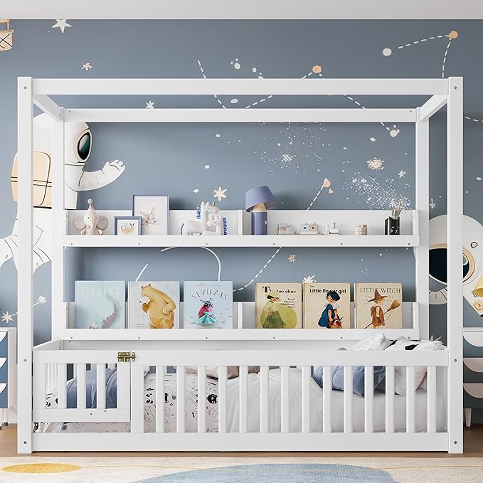 CZBZ Twin Size Canopy Floor Bed with Guardrails and Built-in Shelves, Solid Wood Montessori-Inspired Low Bed Frame, White