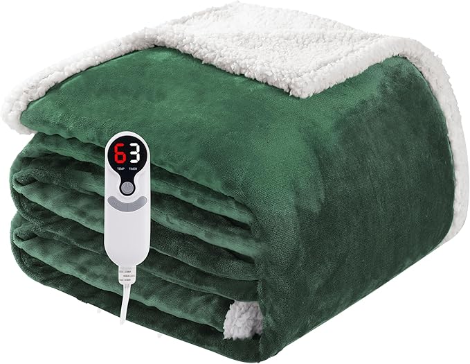 Electric Heated Blanket Full Size 72"x84", Soft Flannel with Overheat Protection, 6 Adjustable Heat Settings & 10-Hour Auto-Off Timer, Fast Heating for Winter Comfort, Dark Green