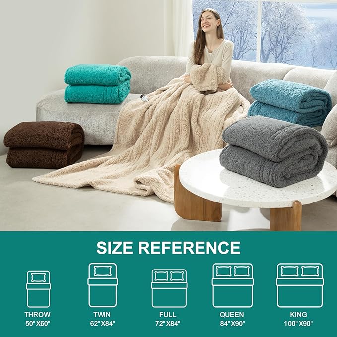 Electric Blanket Full Size 72"X84" Green - Soft Double Sided Sherpa Heated Blanket Full Size with LED Display, 6 Heating Levels & 10 hrs Timer, Machine Washable & Fast Heating for Women