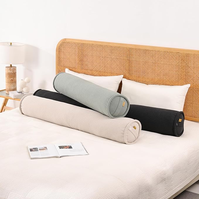 Long Round Body Pillow for Adults – Corduroy Cervical Roll Bolster Pillow, Firm Support for Spine Alignment & Side Sleeping,59 x 7.87 Inches,Beige Gray